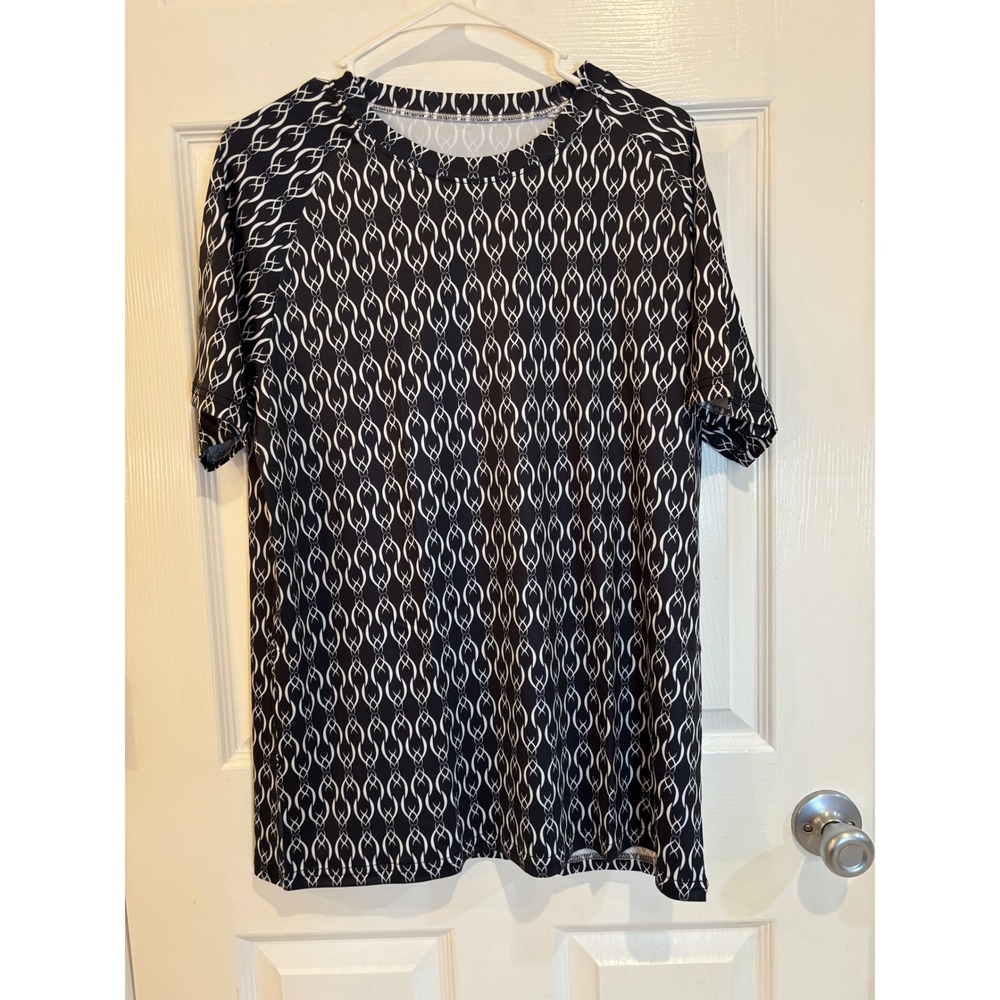 Black and White Patterned‎ Tunic Top XL Short Sleeve Round Neck Blouse
